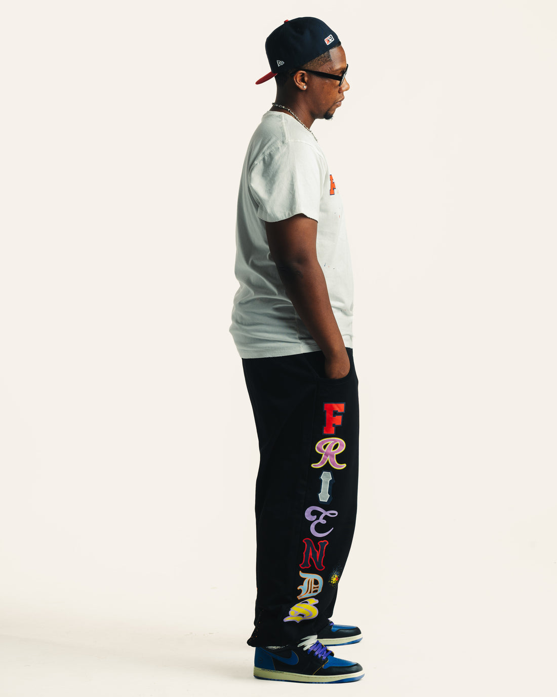 Vintage Friends Tee in white, side fit on model