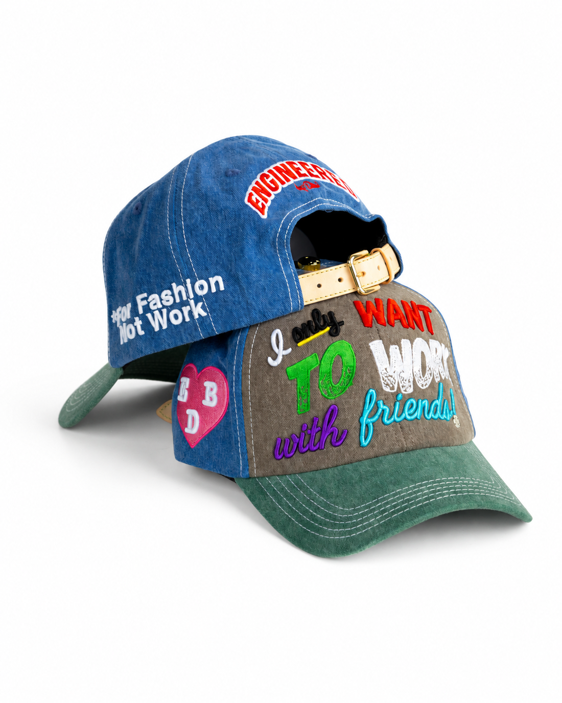 Two embroidered Vintage Trucker Hats stacked on a clean white background