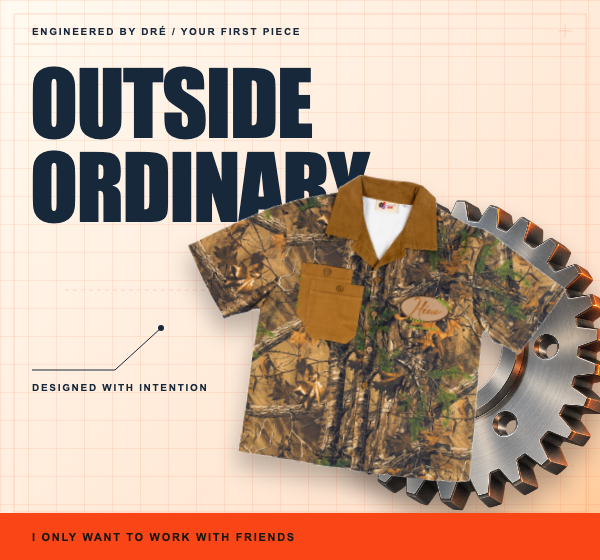 Outside Ordinary welcome email artwork with the Real Tree workshirt and steel gear