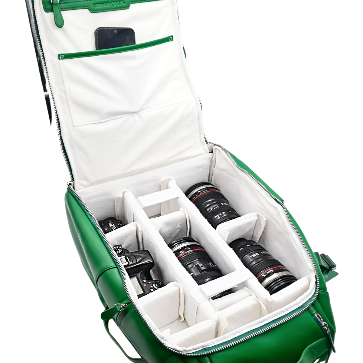 Unseen Gears green leather camera travel backpack, interior and storage details