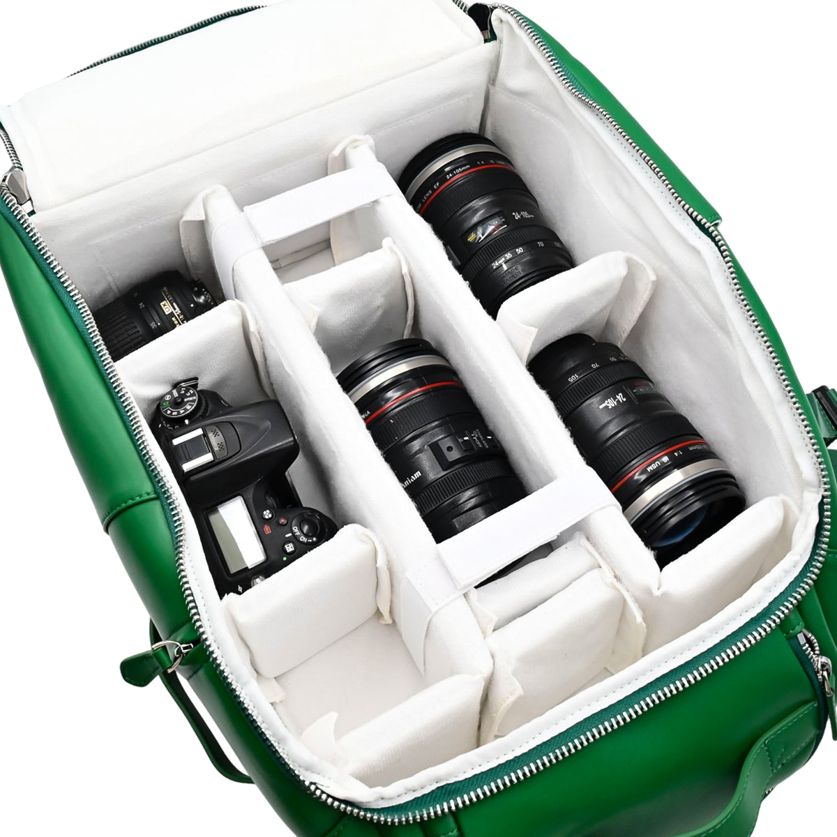 Unseen Gears green leather camera travel backpack, interior and storage details