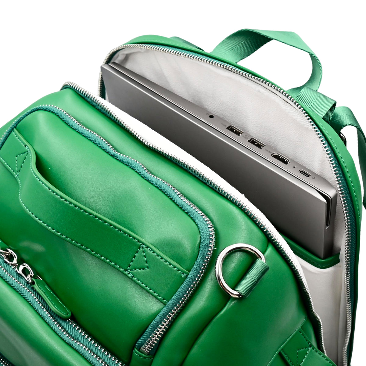 Unseen Gears green leather camera travel backpack, interior and storage details