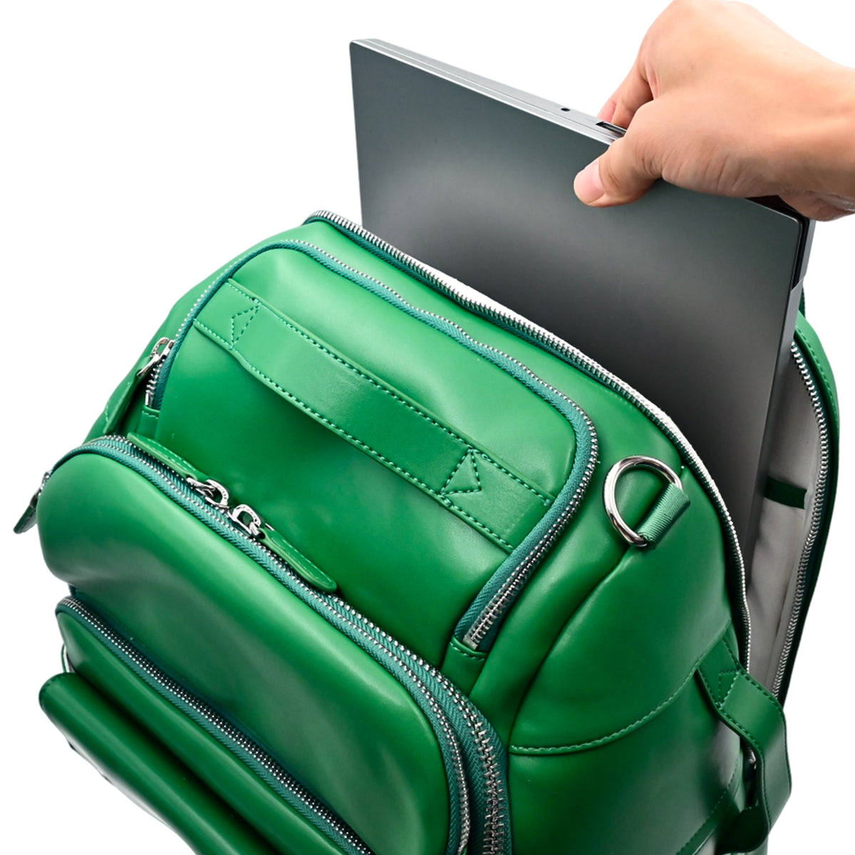 Unseen Gears green leather camera travel backpack, interior and storage details