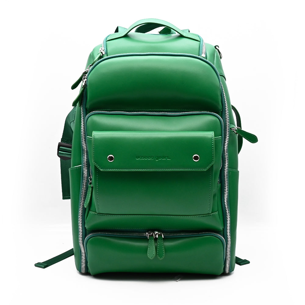 Unseen Gears green leather camera travel backpack, front view