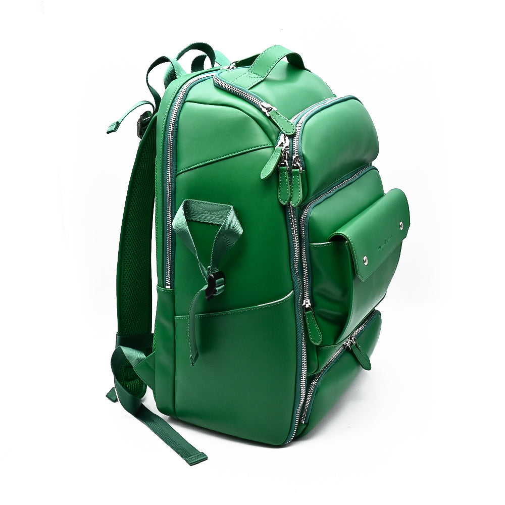 Unseen Gears green leather camera travel backpack, detail view