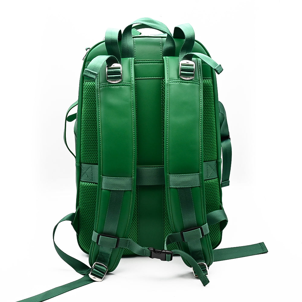 Unseen Gears green leather camera travel backpack, detail view