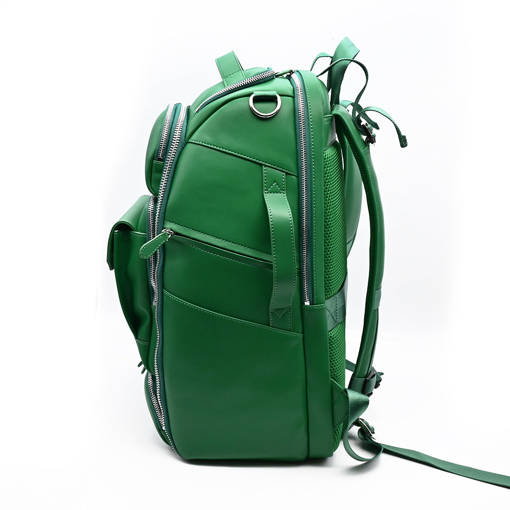 Unseen Gears green leather camera travel backpack, detail view