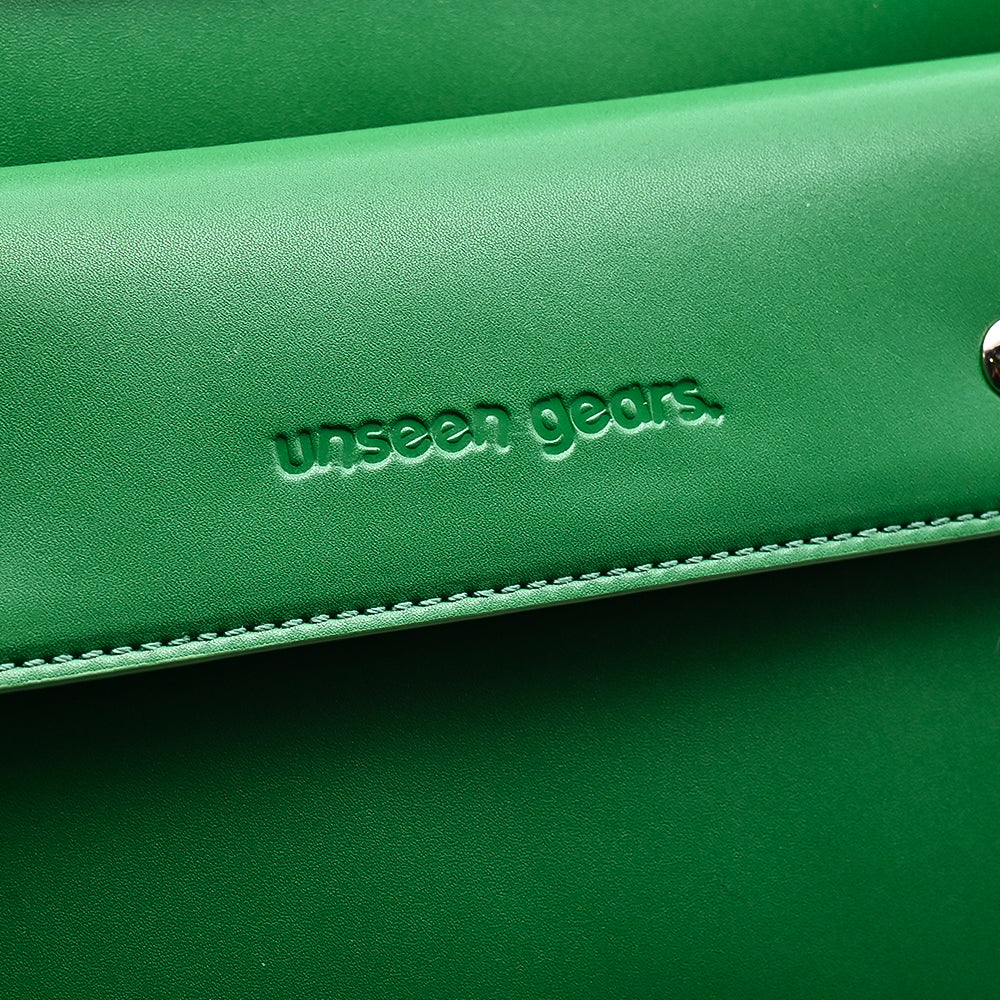 Unseen Gears green leather camera travel backpack, detail view