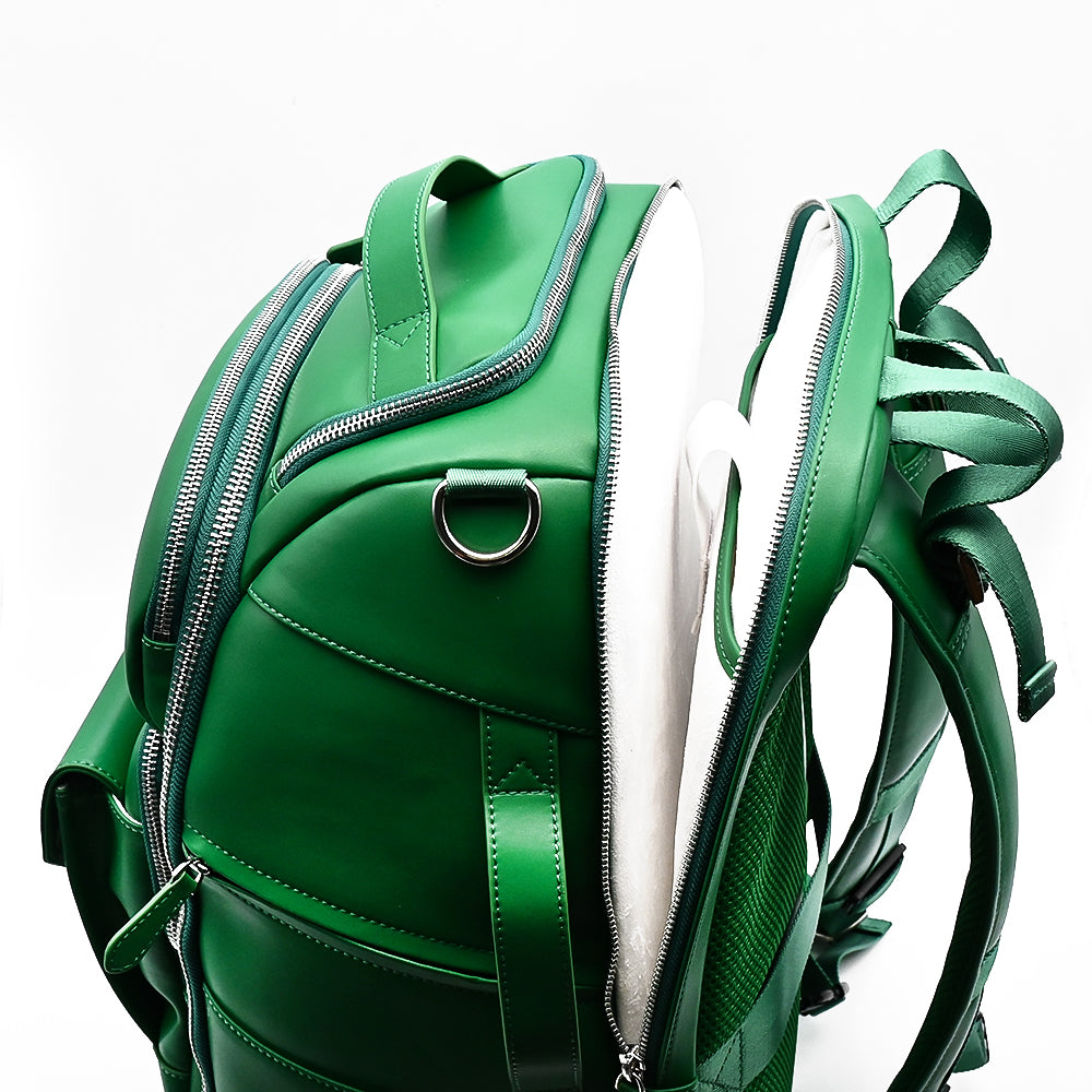 Unseen Gears green leather camera travel backpack, detail view