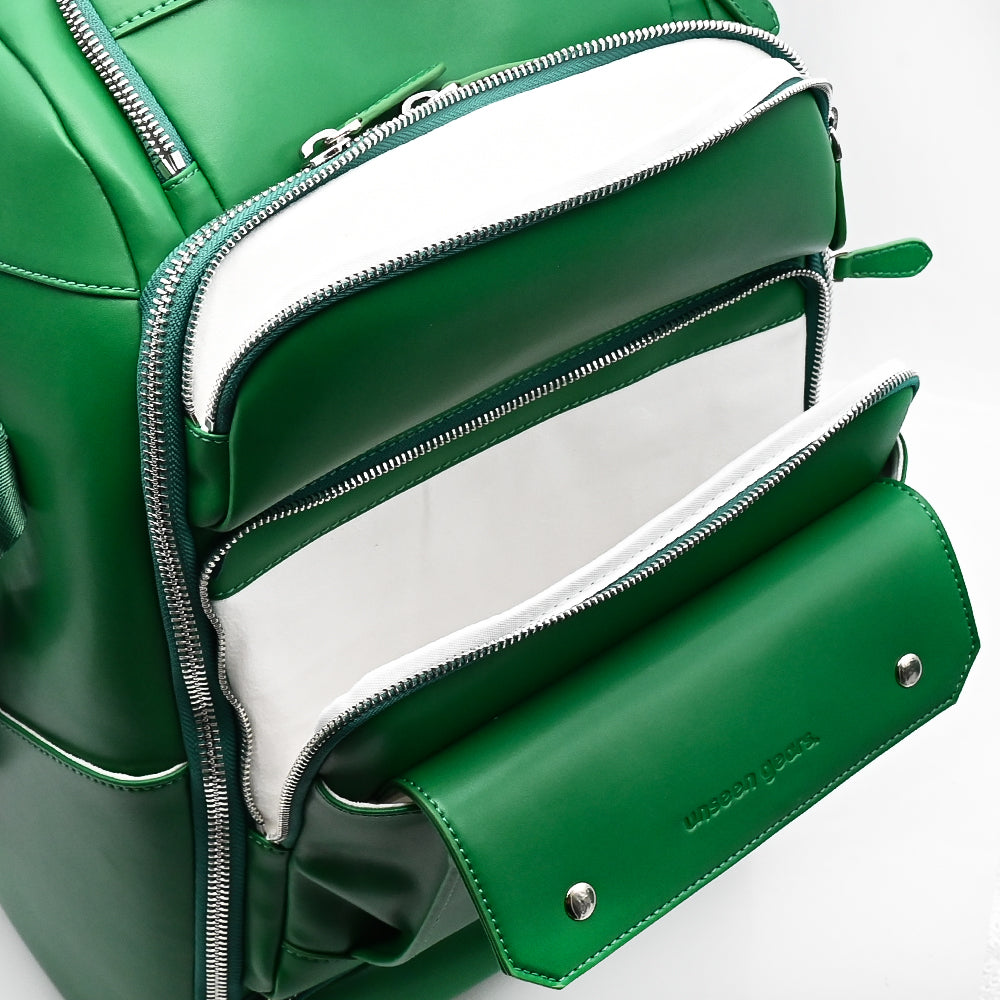 Unseen Gears green leather camera travel backpack, detail view