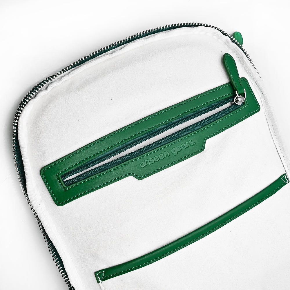 Unseen Gears green leather camera travel backpack, detail view