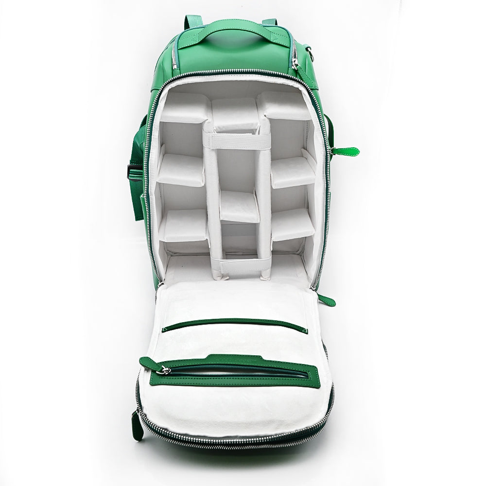 Unseen Gears green leather camera travel backpack, detail view