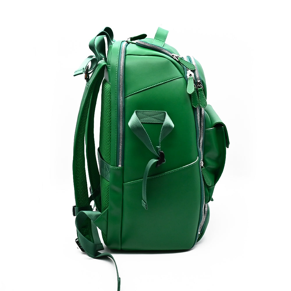 Unseen Gears green leather camera travel backpack, detail view