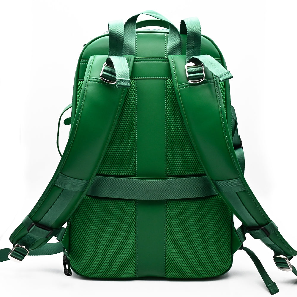 Unseen Gears green leather camera travel backpack, detail view