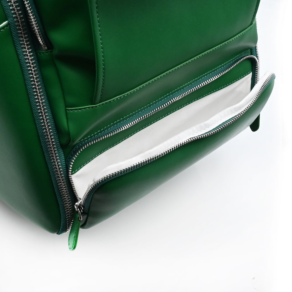 Unseen Gears green leather camera travel backpack, detail view