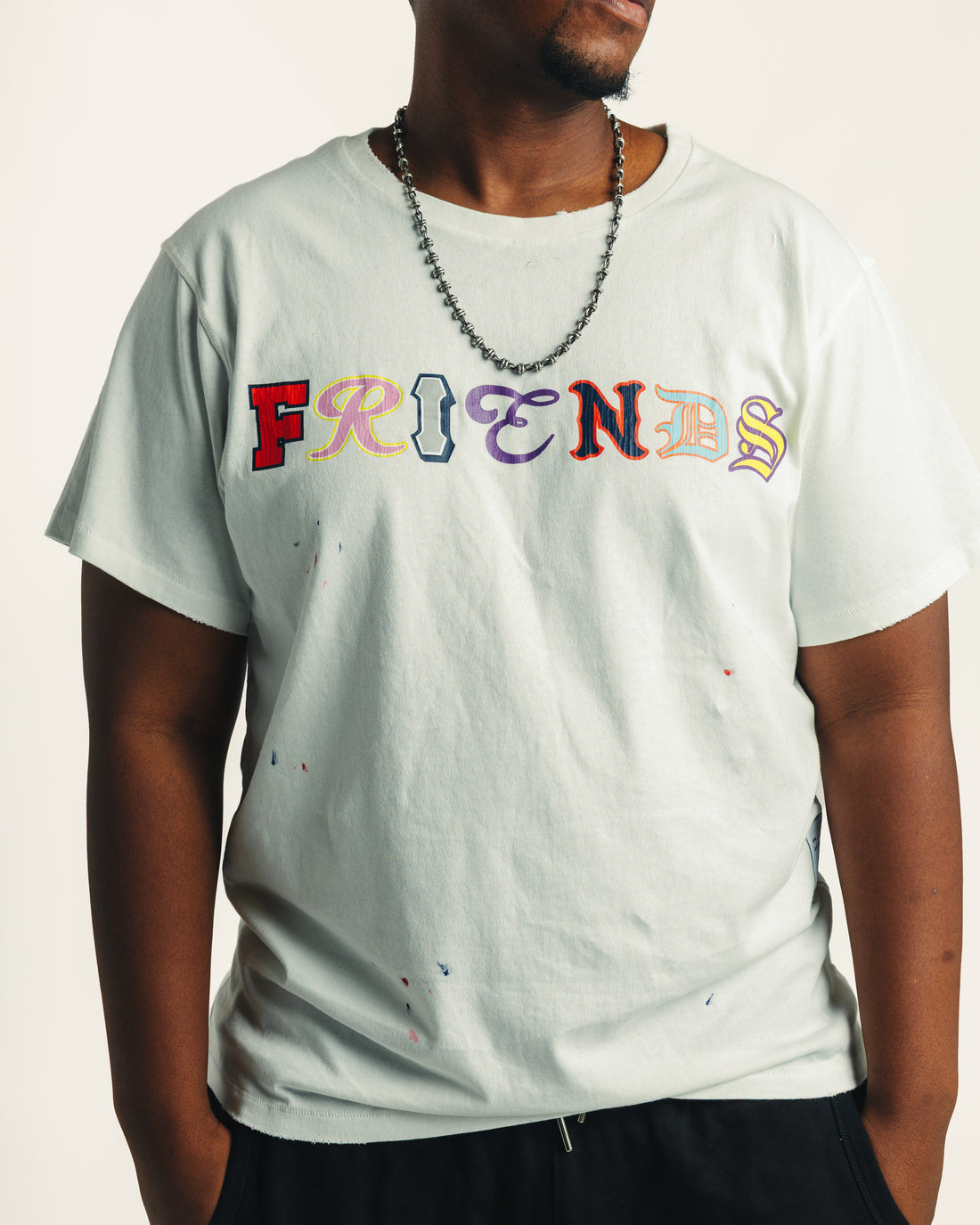 Vintage Friends Tee in white, front fit on model