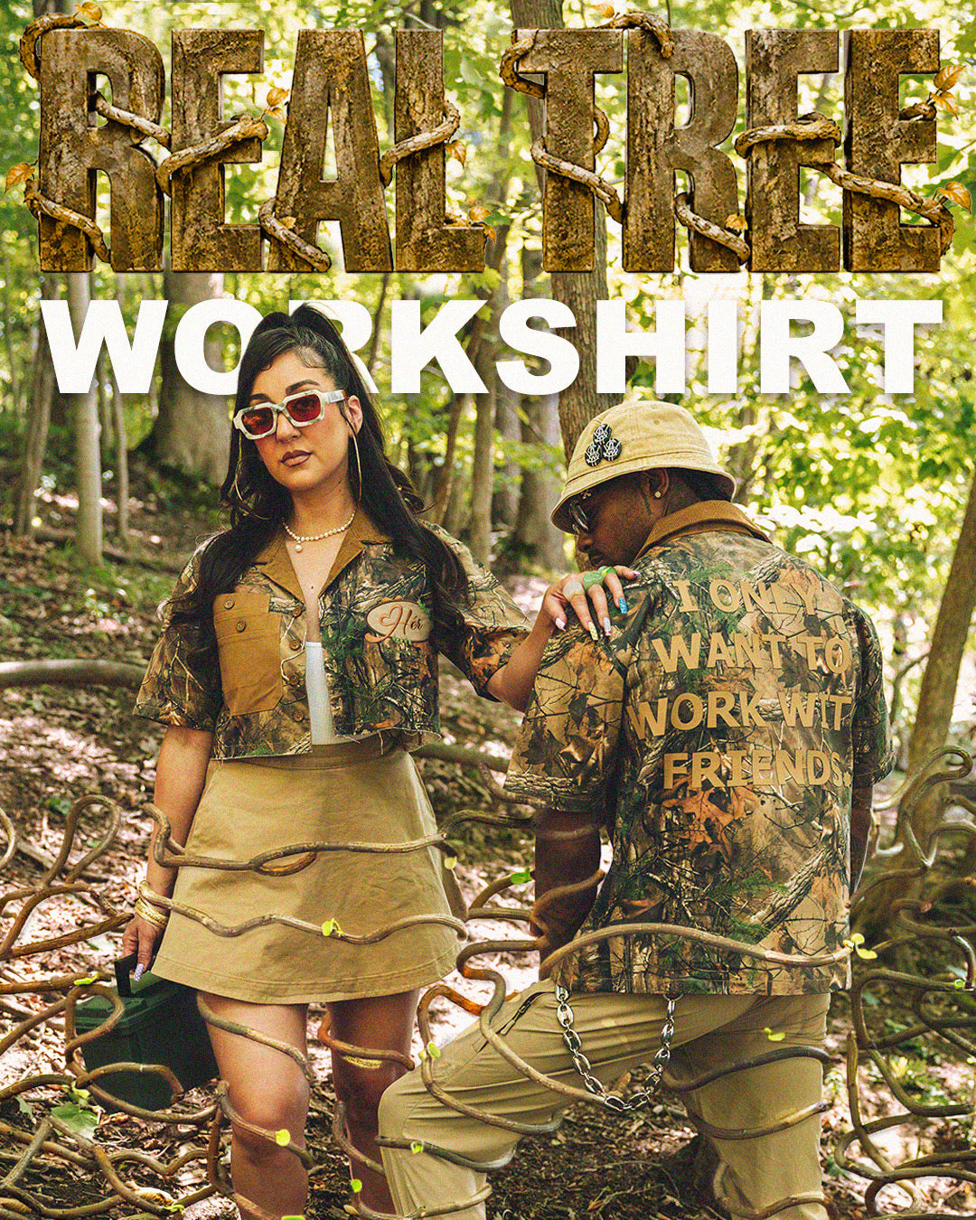 Real Tree Workshirt campaign featuring the full title and Hím and Hér camo workshirts