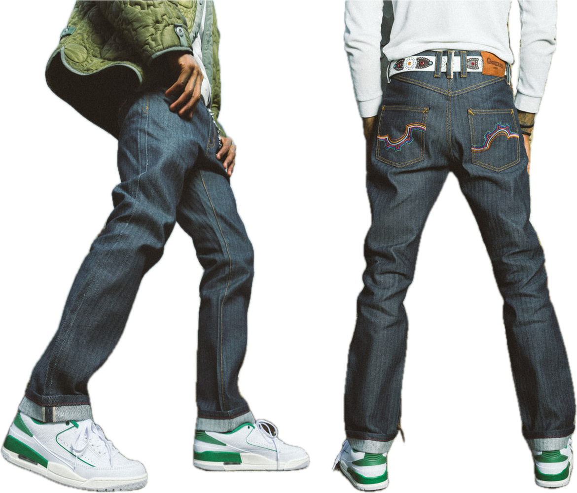 Japanese denim worn from the side and back, with embroidered rear pockets