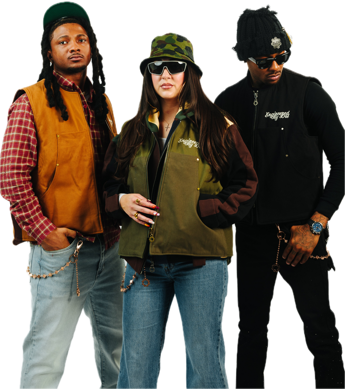 Three models wearing Wheat, Triple Green and Black Duck Vests
