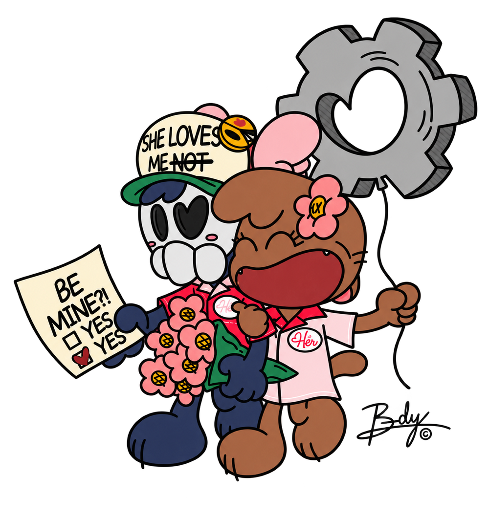 Cartoon couple with flowers and a gear-shaped balloon