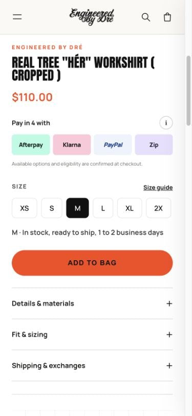 Actual Engineered by Dré mobile product page with sizes and add to bag