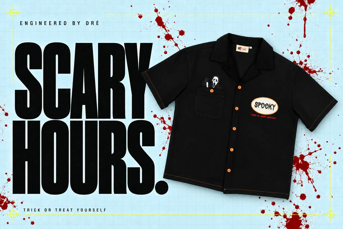 Scary Hours workshirt with original garment art and red splatter around the edges
